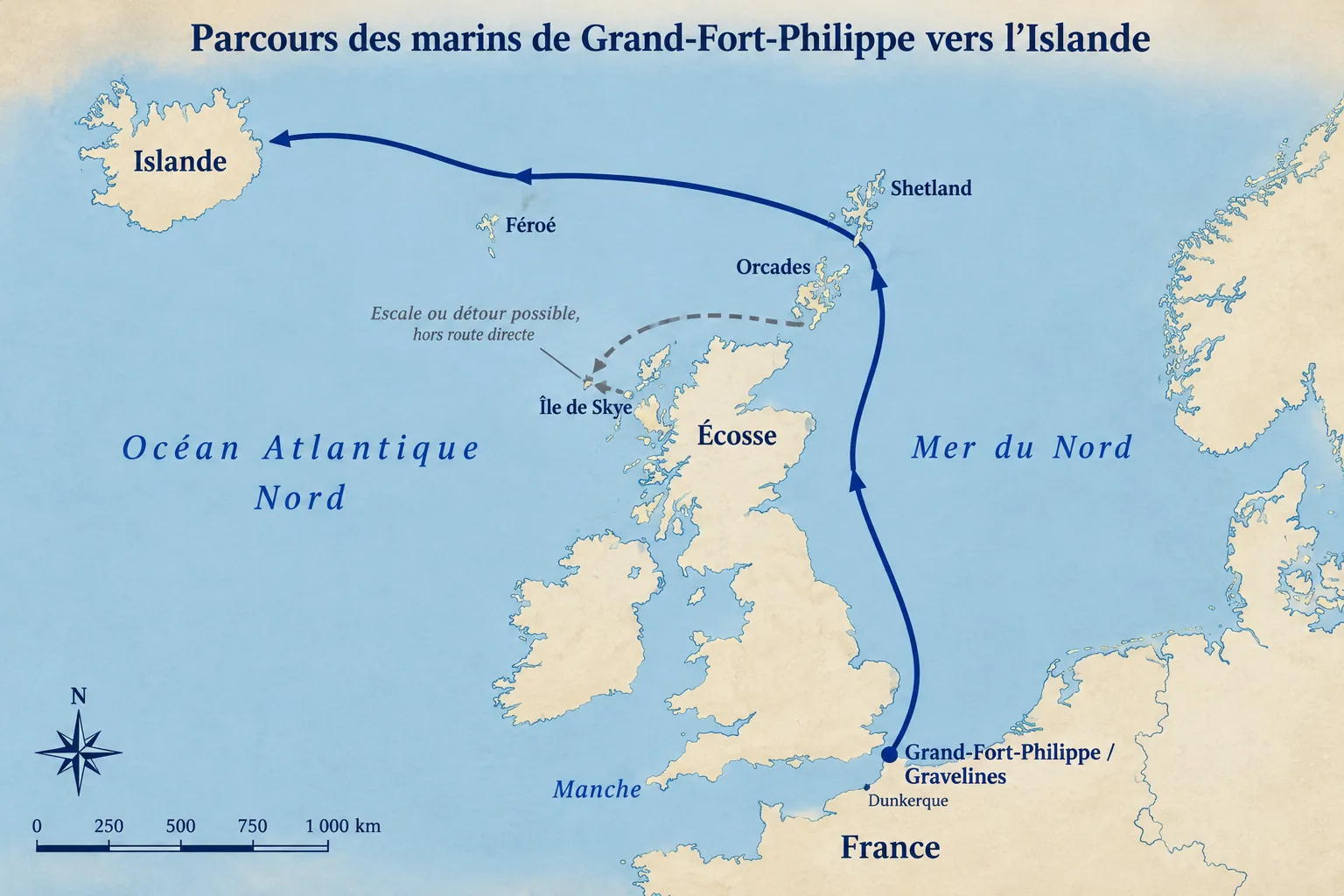 Carte du parcours Grand-Fort-Philippe vers l'Islande Carte du parcours des marins de Grand-Fort-Philippe vers l'Islande — Grand-Fort-Philippe, Côte d'Opale