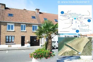 Façade du gîte familial Bouteille à la mer à Gravelines, avec localisation sur la Côte d'Opale et vue sur la plage