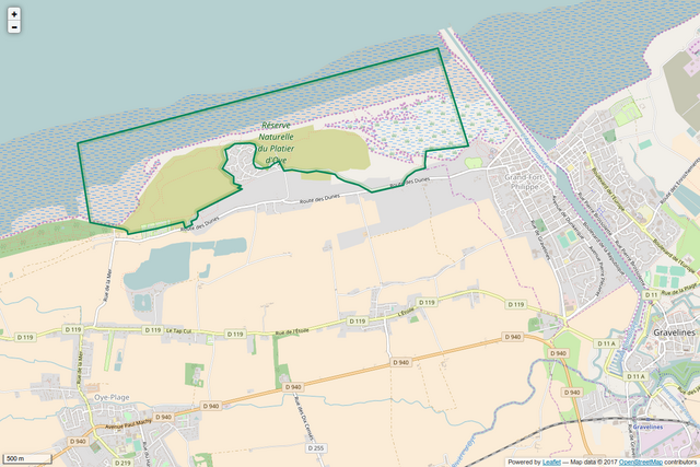 Carte du périmètre de la Réserve Naturelle Nationale du Platier d'Oye — entre Grand-Fort-Philippe et Oye-Plage, Côte d'Opale