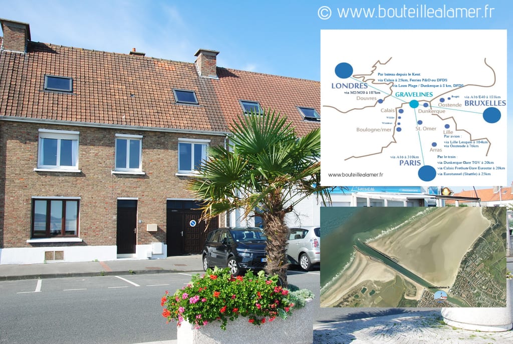 Façade en briques du Gîte Bouteille à la Mer avec un palmier, une charmante location vacances sur la Côte d'Opale.